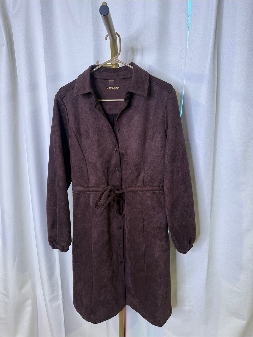 Calvin Klein Women's Chocolate Suede-Look Button Down Dress 6
